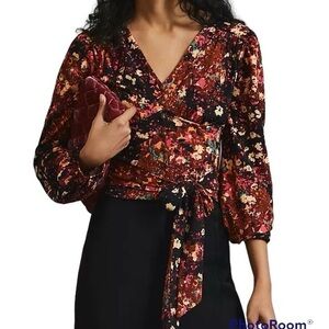 Anthropologie floral balloon sleeve tie belt v neck smocked blouse size small